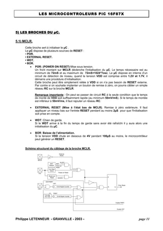 LES MICROCONTROLEURS PIC 16F87X 
5) LES BROCHES DU μC. 
5.1) MCLR. 
Cette broche sert à initialiser le μC . 
Le μC dispose de plusieurs sources de RESET : 
• POR. 
• EXTERNAL RESET. 
• WDT. 
• BOR. 
• POR: (POWER ON RESET) Mise sous tension. 
Un front montant sur MCLR déclenche l'initialisation du μC. Le temps nécessaire est au minimum de 72mS et au maximum de 72mS+1024*Tosc. Le μC dispose en interne d’un circuit de détection de niveau, quand la tension VDD est comprise entre 1.2V et 1.7V, il démarre une procédure d’initialisation. 
Cette broche peut être simplement reliée à VDD si on n’a pas besoin de RESET externe. Par contre si on souhaite implanter un bouton de remise à zéro, on pourra câbler un simple réseau RC sur la broche MCLR. 
Remarque importante : On peut se passer de circuit RC à la seule condition que le temps de monté de VDD soit suffisamment rapide (au minimum 50mV/mS). Si le temps de montée est inférieur à 50mV/ms, il faut rajouter un réseau RC. 
• EXTERNAL RESET (Mise à l’état bas de MCLR). Remise à zéro extérieure. Il faut appliquer un niveau bas sur l'entrée RESET pendant au moins 2μS pour que l'Initialisation soit prise en compte. 
• WDT: Chien de garde. 
Si le WDT arrive à la fin du temps de garde sans avoir été rafraîchi il y aura alors une initialisation du μC. 
• BOR: Baisse de l’alimentation. 
Si la tension VDD chute en dessous de 4V pendant 100μS au moins, le microcontrôleur peut générer un RESET. 
Schéma structurel du câblage de la broche MCLR. SRQExternalResetMCLRVDDOSC1WDTModuleVDD RiseDetectOST/PWRTOn-chip RC OSC WDTTime-outPower-on ResetOST10-bit Ripple CounterPWRTChip_Reset10-bit Ripple CounterResetEnable OSTEnable PWRTSLEEPBrown-outResetBODEN(1) 
Philippe LETENNEUR - GRANVILLE - 2003 - page 11 
 