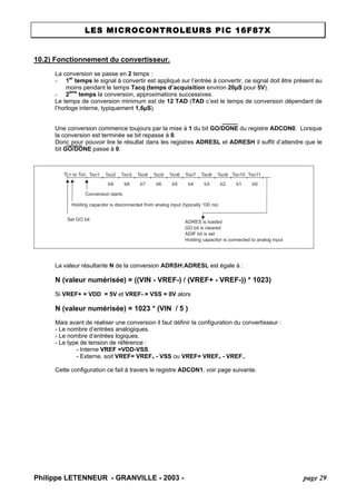 LES MICROCONTROLEURS PIC 16F87X 
10.2) Fonctionnement du convertisseur. 
La conversion se passe en 2 temps : 
- 1er temps le signal à convertir est appliqué sur l’entrée à convertir, ce signal doit être présent au moins pendant le temps Tacq (temps d’acquisition environ 20μS pour 5V). 
- 2ème temps la conversion, approximations successives. 
Le temps de conversion minimum est de 12 TAD (TAD c’est le temps de conversion dépendant de l’horloge interne, typiquement 1,6μS). 
Une conversion commence toujours par la mise à 1 du bit GO/DONE du registre ADCON0. Lorsque la conversion est terminée se bit repasse à 0. 
Donc pour pouvoir lire le résultat dans les registres ADRESL et ADRESH il suffit d’attendre que le bit GO/DONE passe à 0. TAD1TAD2TAD3TAD4TAD5TAD6TAD7TAD8TAD9Set GO bit Holding capacitor is disconnected from analog input (typically 100 ns) b9b8b7b6b5b4b3b2TAD10TAD11b1b0TCY to TADConversion starts ADRES is loadedGO bit is clearedADIF bit is setHolding capacitor is connected to analog input 
La valeur résultante N de la conversion ADRSH:ADRESL est égale à : 
N (valeur numérisée) = ((VIN - VREF-) / (VREF+ - VREF-)) * 1023) 
Si VREF+ = VDD = 5V et VREF- = VSS = 0V alors 
N (valeur numérisée) = 1023 * (VIN / 5 ) 
Mais avant de réaliser une conversion il faut définir la configuration du convertisseur : 
- Le nombre d’entrées analogiques. 
- Le nombre d’entrées logiques. 
- Le type de tension de référence : 
- Interne VREF =VDD-VSS. 
- Externe, soit VREF= VREF+ - VSS ou VREF= VREF+ - VREF-. 
Cette configuration ce fait à travers le registre ADCON1, voir page suivante. 
Philippe LETENNEUR - GRANVILLE - 2003 - page 29 
 