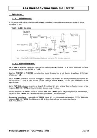 LES MICROCONTROLEURS PIC 16F87X 
11.2) Le timer 1. 
11.2.1) Présentation : 
Il fonctionne sur le même principe que le timer 0, mais il est plus moderne dans sa conception. C’est un compteur 16 bits. 
TIMER1 BLOCK DIAGRAMTMR1HTMR1LT1OSCT1SYNCTMR1CST1CKPS1:T1CKPS0Q ClockT1OSCENEnableOscillator(1) FOSC/4InternalClockTMR1ONOn/OffPrescaler1, 2, 4, 8Synchronizedet1001SynchronizedClock Input2RC0/T1OSO/T1CKIRC1/T1OSI/CCP2(2) Note1:When the T1OSCEN bit is cleared, the inverter is turned off. This eliminates power drain. Set Flag bitTMR1IF onOverflowTMR1 
11.2.2) Fonctionnement : 
Le bit TMR1CS permet de choisir l’horloge soit interne (Fosc/4), externe T1CKI ou un oscillateur à quartz connecté sur les broches T1OSO et T1OSI. 
Les bits T1CKPS1 et T1CKPS0 permettent de choisir la valeur de la pré division à appliquer à l’horloge choisie, de 1 à 8. 
Le bit T1SYNC permet de choisir si l’horloge de sortie du pré diviseur doit être synchrone avec l’horloge du microcontrôleur. Dans le cas où l’on choisit l’horloge interne Fosc/4, il n’est pas nécessaire de la synchroniser. 
Le bit TMR1ON active ou désactive le timer 1. Si ce bit est à 1 alors le timer 1 est en fonctionnement et les registres TMR1H :TMR1L sont incrémentés à chaque coup d’horloge. 
Quand le contenu du timer 1 passe de FFFF à 0000 le bit TMR1IF passe à 1 pour signaler un débordement, de plus si le bit TMR1IE est à 1 alors une interruption timer 1 est déclenchée. 
Remarque importante : Lorsque le bit TMR1IF passe à 1 lors du passage de la valeur FFFF à 0000 des registres TMR1H :TMR1L, il doit être remis à 0 de façon logicielle par une instruction du type : 
bcf PIR1,TMR1IF 
Philippe LETENNEUR - GRANVILLE - 2003 - page 35 
 