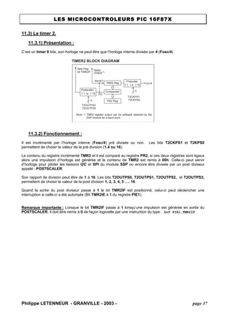 LES MICROCONTROLEURS PIC 16F87X 
11.3) Le timer 2. 
11.3.1) Présentation : 
C’est un timer 8 bits, son horloge ne peut être que l’horloge interne divisée par 4 (Fosc/4) 
TIMER2 BLOCK DIAGRAMComparatorTMR2Sets FlagTMR2 RegOutput(1) RESETPostscalerPrescalerPR2 Reg2FOSC/41:11:161:1, 1:4, 1:16EQ4bit TMR2IFNote1:TMR2 register output can be software selected by theSSP module as a baud clock. toT2OUTPS3: T2OUTPS0T2CKPS1: T2CKPS0 
11.3.2) Fonctionnement : 
Il est incrémenté par l’horloge interne (Fosc/4) pré divisée ou non. Les bits T2CKPS1 et T2KPS0 permettent de choisir la valeur de la pré division (1,4 ou 16). 
Le contenu du registre incrémenté TMR2 et il est comparé au registre PR2, si ces deux registres sont égaux alors une impulsion d’horloge est générée et le contenu de TMR2 est remis à 00h. Celle-ci peut servir d’horloge pour piloter les liaisons I2C et SPI du module SSP ou encore être divisée par un post diviseur appelé : POSTSCALER. 
Son rapport de division peut être de 1 à 16. Les bits T2OUTPS0, T2OUTPS1, T2OUTPS2, et T2OUTPS3, permettent de choisir la valeur de la post division 1, 2, 3, 4, 5 …. 16. 
Quand la sortie du post diviseur passe à 1 le bit TMR2IF est positionné, celui-ci peut déclencher une interruption si celle-ci a été autorisée (Bit TMR2IE à 1 du registre PIE1). 
Remarque importante : Lorsque le bit TMR2IF passe à 1 lorsqu’une impulsion est générée en sortie du POSTSCALER, il doit être remis à 0 de façon logicielle par une instruction du type : bcf PIR1,TMR2IF 
Philippe LETENNEUR - GRANVILLE - 2003 - page 37 
 