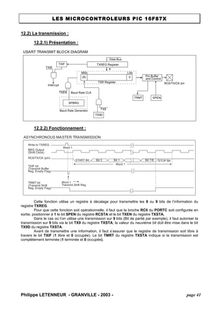 LES MICROCONTROLEURS PIC 16F87X 
12.2) La transmission : 
12.2.1) Présentation : 
USART TRANSMIT BLOCK DIAGRAMTXIFTXIEInterruptTXENBaud Rate CLKSPBRGBaud Rate GeneratorTX9DMSbLSbData BusTXREG RegisterTSR Register(8)0TX9TRMTSPENRC6/TX/CK pinPin Bufferand Control8  
12.2.2) Fonctionnement : 
ASYNCHRONOUS MASTER TRANSMISSIONWord 1STOP BitWord 1Transmit Shift RegSTART BitBit 0Bit 1Bit 7/8Write to TXREGWord 1BRG Output(Shift Clock) RC6/TX/CK (pin) TXIF bit(Transmit BufferReg. Empty Flag) TRMT bit(Transmit ShiftReg. Empty Flag) 
Cette fonction utilise un registre à décalage pour transmettre les 8 ou 9 bits de l’information du registre TXREG. 
Pour que cette fonction soit opérationnelle, il faut que la broche RC6 du PORTC soit configurée en sortie, positionner à 1 le bit SPEN du registre RCSTA et le bit TXEN du registre TXSTA. 
Dans le cas où l’on utilise une transmission sur 9 bits (Bit de parité par exemple), il faut autoriser la transmission sur 9 bits via le bit TX9 du registre TXSTA, la valeur du neuvième bit doit être mise dans le bit TX9D du registre TXSTA. 
Avant de transmettre une information, il faut s’assurer que le registre de transmission soit libre à travers le bit TXIF (1 libre et 0 occupée). Le bit TMRT du registre TXSTA indique si la transmission est complètement terminée (1 terminée et 0 occupée). 
Philippe LETENNEUR - GRANVILLE - 2003 - page 41 
 