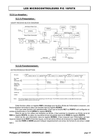 LES MICROCONTROLEURS PIC 16F87X 
12.3) La réception : 
12.3.1) Présentation : 
USART RECEIVE BLOCK DIAGRAMx64 Baud Rate CLKSPBRGBaud Rate GeneratorRC7/RX/DTPin Bufferand ControlSPENDataRecoveryCRENOERRFERRRSR RegisterMSbLSbRX9DRCREG RegisterFIFOInterruptRCIFRCIEData Bus8 64 16orSTOPSTART(8)710RX9 FOSC 
12.3.2) Fonctionnement : 
ASYNCHRONOUS RECEPTIONSTARTbitbit7/8bit1bit0bit7/8bit0STOPbitSTARTbitSTARTbitbit7/8STOPbitRX (pin) RegRcv Buffer RegRcv ShiftRead RcvBuffer RegRCREGRCIF(Interrupt Flag) OERR bitCRENWord 1RCREGWord 2RCREGSTOPbitNote:This timing diagram shows three words appearing on the RX input. The RCREG (receive buffer) is read after the third word, causing the OERR (overrun) bit to be set. 
Cette fonction utilise un registre RSR à décalage pour les 8 ou 9 bits de l’information à recevoir, une fois la réception terminée la valeur est stockée dans le registre RCREG. 
Pour que cette fonction soit opérationnelle, il faut que la broche RC7 du PORTC soit configurée en entrée et positionnée à 1 le bit SPEN du registre RCSTA. 
Dans le cas ou l’on utilise une réception sur 9 bits, il faut autoriser la réception sur 9 bits via le bit RX9 du registre RCSTA, la valeur du neuvième bit est récupérée dans le bit RX9D du registre RCSTA. 
Avant de lire une information dans le registre RCREG, il faut s’assurer que l’information est bien reçue en testant le bit RCIF (1 Donnée reçue), ce bit est remis à 0 lors de la lecture du registre RCREG. 
Les bits FERR et OERR peuvent indiquer respectivement une erreur de format et une erreur « over run ». 
Philippe LETENNEUR - GRANVILLE - 2003 - page 43 
 