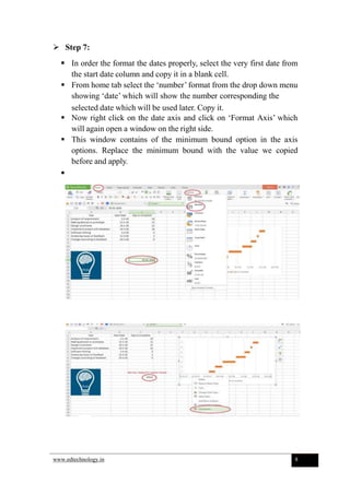  Step 7:
 In order the format the dates properly, select the very first date from
the start date column and copy it in a blank cell.
 From home tab select the ‘number’ format from the drop down menu
showing ‘date’ which will show the number corresponding the
selected date which will be used later. Copy it.
 Now right click on the date axis and click on ‘Format Axis’ which
will again open a window on the right side.
 This window contains of the minimum bound option in the axis
options. Replace the minimum bound with the value we copied
before and apply.

www.edtechnology.in 8
 