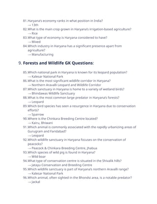 81.Haryana’s economy ranks in what position in India?
→ 13th
82.What is the main crop grown in Haryana’s irrigation-based agriculture?
→ Rice
83.What type of economy is Haryana considered to have?
→ Mixed
84.Which industry in Haryana has a significant presence apart from
agriculture?
→ Manufacturing
9. Forests and Wildlife GK Questions:
85.Which national park in Haryana is known for its leopard population?
→ Kalesar National Park
86.What is the most significant wildlife corridor in Haryana?
→ Northern Aravalli Leopard and Wildlife Corridor
87.Which sanctuary in Haryana is home to a variety of wetland birds?
→ Bhindawas Wildlife Sanctuary
88.What is the most common large predator in Haryana’s forests?
→ Leopard
89.Which bird species has seen a resurgence in Haryana due to conservation
efforts?
→ Sparrow
90.Where is the Chinkara Breeding Centre located?
→ Kairu, Bhiwani
91.Which animal is commonly associated with the rapidly urbanizing areas of
Gurugram and Faridabad?
→ Leopard
92.Which wildlife sanctuary in Haryana focuses on the conservation of
peacocks?
→ Peacock & Chinkara Breeding Centre, Jhabua
93.Which species of wild pig is found in Haryana?
→ Wild boar
94.What type of conservation centre is situated in the Shivalik hills?
→ Jatayu Conservation and Breeding Centre
95.Which wildlife sanctuary is part of Haryana’s northern Aravalli range?
→ Kalesar National Park
96.Which animal, often sighted in the Bhondsi area, is a notable predator?
→ Jackal
 