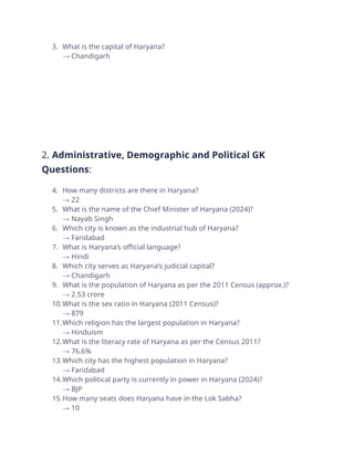3. What is the capital of Haryana?
→ Chandigarh
2. Administrative, Demographic and Political GK
Questions:
4. How many districts are there in Haryana?
→ 22
5. What is the name of the Chief Minister of Haryana (2024)?
→ Nayab Singh
6. Which city is known as the industrial hub of Haryana?
→ Faridabad
7. What is Haryana’s official language?
→ Hindi
8. Which city serves as Haryana’s judicial capital?
→ Chandigarh
9. What is the population of Haryana as per the 2011 Census (approx.)?
→ 2.53 crore
10.What is the sex ratio in Haryana (2011 Census)?
→ 879
11.Which religion has the largest population in Haryana?
→ Hinduism
12.What is the literacy rate of Haryana as per the Census 2011?
→ 76.6%
13.Which city has the highest population in Haryana?
→ Faridabad
14.Which political party is currently in power in Haryana (2024)?
→ BJP
15.How many seats does Haryana have in the Lok Sabha?
→ 10
 