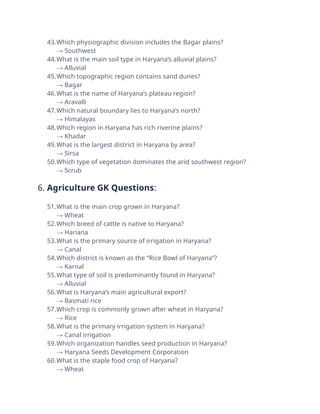 43.Which physiographic division includes the Bagar plains?
→ Southwest
44.What is the main soil type in Haryana’s alluvial plains?
→ Alluvial
45.Which topographic region contains sand dunes?
→ Bagar
46.What is the name of Haryana’s plateau region?
→ Aravalli
47.Which natural boundary lies to Haryana’s north?
→ Himalayas
48.Which region in Haryana has rich riverine plains?
→ Khadar
49.What is the largest district in Haryana by area?
→ Sirsa
50.Which type of vegetation dominates the arid southwest region?
→ Scrub
6. Agriculture GK Questions:
51.What is the main crop grown in Haryana?
→ Wheat
52.Which breed of cattle is native to Haryana?
→ Hariana
53.What is the primary source of irrigation in Haryana?
→ Canal
54.Which district is known as the “Rice Bowl of Haryana”?
→ Karnal
55.What type of soil is predominantly found in Haryana?
→ Alluvial
56.What is Haryana’s main agricultural export?
→ Basmati rice
57.Which crop is commonly grown after wheat in Haryana?
→ Rice
58.What is the primary irrigation system in Haryana?
→ Canal irrigation
59.Which organization handles seed production in Haryana?
→ Haryana Seeds Development Corporation
60.What is the staple food crop of Haryana?
→ Wheat
 