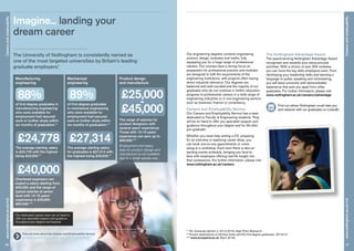 Imagine... landing your
dream career
The University of Nottingham is consistently named as
one of the most targeted universities by Britain’s leading
graduate employers.*
	 Find out more about the Careers and Employability Service:
www.nottingham.ac.uk/careers
20
Careersandemployabilitywww.nottingham.ac.uk/m3
Careersandemployability
21
www.nottingham.ac.uk/m3
Our engineering degrees combine engineering
science, design, business and maths, fully
equipping you for a huge range of professional
careers. Our courses have a strong focus on
preparation for professional practice and modules
are designed to fulfil the requirements of the
engineering institutions, with projects often having
direct industrial relevance. Our degrees are
balanced and well-rounded and the majority of our
graduates who do not continue in further education
progress to professional careers in a wide range of
engineering industries or in non-engineering sectors
such as business, finance or consultancy.
Careers and Employability Service
Our Careers and Employability Service has a team
dedicated to Faculty of Engineering students. They
will be on hand to offer you specialist support and
guidance throughout your degree and for life after
you graduate.
Whether you need help writing a CV, preparing
for an interview or exploring career ideas, you
can book one-to-one appointments or come
along to a workshop. Each term there is also an
exciting events schedule, bringing you face-to-
face with employers offering real-life insight into
their professions. For further information, please visit
www.nottingham.ac.uk/careers
The Nottingham Advantage Award
The award-winning Nottingham Advantage Award
recognises and rewards your extracurricular
activities. With a choice of over 200 modules,
you can hone the key skills employers want. From
developing your leadership skills and learning a
language to public speaking and volunteering,
you will leave university with demonstrable
experience that sets you apart from other
graduates. For further information, please visit
www.nottingham.ac.uk/careers/advantage
* The Graduate Market in 2013-2016, High Fliers Research.
** Known destinations of full-time home and EU first-degree graduates, 2013/14.
*** www.prospects.ac.uk (April 2016).
 
Find out where Nottingham could take you
and network with our graduates on LinkedIn.
Our dedicated careers team are on hand to
offer you specialist support and guidance
throughout your degree and beyond.
89%
of first-degree graduates
in mechanical engineering
who were available for
employment had secured
work or further study within
six months of graduation.**
The average starting salary
for graduates is £27,314 with
the highest being £45,000.**
£27,314
Mechanical
engineering
The range of salaries for
product designers with
several years’ experience.
Those with 10-15 years’
experience can earn up to
£60,000.***
Employment and salary
data for product design and
manufacture is not available
due to a small sample size.
£25,000
-
£45,000
Product design
and manufacture
88%
of first-degree graduates in
manufacturing engineering
who were available for
employment had secured
work or further study within
six months of graduation.**
The average starting salary
is £24,778 with the highest
being £32,000.**
Chartered engineers can
expect a salary starting from
£40,000, and the range of
typical salaries at senior
level with 10-15 years’
experience is £40,000-
£60,000.***
£24,778
£40,000
Manufacturing
engineering
 