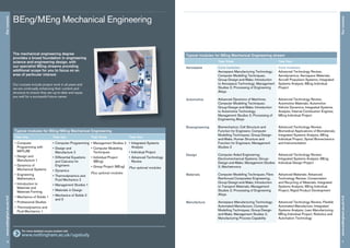 Typical modules for BEng/MEng Mechanical Engineering
Year one Year two Year three Year four
•	Computer
Programming with
MATLAB
•	Design and
Manufacture 1
•	Dynamics of
Mechanical Systems
•	Engineering
Mathematics
•	Introduction to
Materials and
Materials Forming
•	Mechanics of Solids 1
•	Professional Studies
•	Thermodynamics and
Fluid Mechanics 1
•	Computer Programming
•	Design and
Manufacture 2
•	Differential Equations
and Calculus for
Engineers
•	Dynamics
•	Thermodynamics and
Fluid Mechanics 2
•	Management Studies 1
•	Materials in Design
•	Mechanics of Solids 2
and 3
•	Management Studies 2
•	Computer Modelling
Techniques
•	Individual Project
(BEng)
•	Group Project (MEng)
Plus optional modules
•	Integrated Systems
Analysis
•	Individual Project
•	Advanced Technology
Review
Plus optional modules
Typical modules for MEng Mechanical Engineering stream
Year three Year four
Aerospace Core modules:
Aerospace Manufacturing Technology;
Computer Modelling Techniques;
Group-Design-and-Make; Introduction
to Aerospace Technology; Management
Studies 2; Processing of Engineering
Alloys
Core modules:
Advanced Technology Review;
Aerodynamics; Aerospace Materials;
Aircraft Propulsion Systems; Integrated
Systems Analysis; MEng Individual
Project
Automotive Advanced Dynamics of Machines;
Computer Modelling Techniques;
Group-Design-and-Make; Introduction
to Automotive Technology;
Management Studies 2; Processing of
Engineering Alloys
Advanced Technology Review;
Automotive Materials; Automotive
Vehicle Dynamics; Integrated Systems
Analysis; Internal Combustion Engines;
MEng Individual Project
Bioengineering Biomechanics; Cell Structure and
Function for Engineers; Computer
Modelling Techniques; Group-Design-
and-Make; Human Structure and
Function for Engineers; Management
Studies 2
Advanced Technology Review;
Biomedical Applications of Biomaterials;
Integrated Systems Analysis; MEng
Individual Project; Spinal Biomechanics
and Instrumentation
Design Computer Aided Engineering;
Electromechanical Systems; Group-
Design-and-Make; Management Studies
2; Mechatronics
Advanced Technology Review;
Integrated Systems Analysis; MEng
Individual Design Project
Materials Computer Modelling Techniques; Fibre
Reinforced Composites Engineering;
Group-Design-and-Make; Introduction
to Transport Materials; Management
Studies 2; Processing of Engineering
Alloys
Advanced Materials; Advanced
Technology Review; Conservation
and Recycling of Materials; Integrated
Systems Analysis; MEng Individual
Project; Rapid Product Development
Manufacture Aerospace Manufacturing Technology;
Automated Manufacture; Computer
Modelling Techniques; Group-Design-
and-Make; Management Studies 2;
Manufacturing Process Capability
Advanced Technology Review; Flexible
Automated Manufacture; Integrated
Systems Analysis; Lean Manufacturing;
MEng Individual Project; Robotics and
Automation Technology
BEng/MEng Mechanical Engineering
The mechanical engineering degree
provides a broad foundation in engineering
science and engineering design, with
our specialist MEng streams providing
additional scope for you to focus on an
area of particular interest.
Our courses include project work in all years and
we are continually enhancing their content and
structure to ensure they are up-to-date and equip
you well for a successful future career.
6
Ourcourseswww.nottingham.ac.uk/m3
Ourcourses
7
www.nottingham.ac.uk/m3
	 For more detailed course content visit
www.nottingham.ac.uk/ugstudy
 