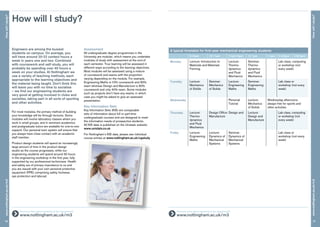16
HowwillIstudy?www.nottingham.ac.uk/m3
HowwillIstudy?
17
www.nottingham.ac.uk/m3
Engineers are among the busiest
students on campus. On average, you
will have around 20-22 contact hours a
week in years one and two. Combined
with coursework and self-study, you will
probably be spending over 40 hours a
week on your studies. At Nottingham we
use a variety of teaching methods, each
appropriate to the learning objectives and
the material being taught. Don’t think this
will leave you with no time to socialise
– we find our engineering students are
very good at getting involved in clubs and
societies, taking part in all sorts of sporting
and other activities.
For most modules, the primary method of building
your knowledge will be through lectures. Some
modules will involve laboratory classes where you
work in small groups, and in seminars academics
and postgraduate tutors are available for one-to-one
support. Our personal tutor system will ensure that
you always have close contact with an academic
staff member.
Product design students will spend an increasingly
large amount of time in the product design
studio as the course progresses, while our
engineering students will spend around 30 hours
in the engineering workshop in the first year, fully
supported by our professional technicians. Health
and safety are of primary importance to us and
you are issued with your own personal protective
equipment (PPE) comprising safety footwear,
eye protection and labcoat.
Assessment
All undergraduate degree programmes in the
University are modular, which means you undertake
modules of study with assessment at the end of
each semester. Your learning will be assessed in
different ways according to the learning objectives.
Most modules will be assessed using a mixture
of coursework and exams with the proportion
varying depending on the module. For example,
Engineering Maths is 10% coursework and 90%
exam whereas Design and Manufacture is 60%
coursework and only 40% exam. Some modules
such as projects don’t have any exams, in which
case you might be asked to give an assessed
presentation.
Key Information Sets
Key Information Sets (KIS) are comparable
sets of information about full or part-time
undergraduate courses and are designed to meet
the information needs of prospective students.
All KIS data is published on the Unistats website:
www.unistats.co.uk
For Nottingham’s KIS data, please see individual
course entries at www.nottingham.ac.uk/ugstudy
How will I study?
	 Find out more about teaching in the department:
www.nottingham.ac.uk/m3
	 Find out more about teaching in the department:
www.nottingham.ac.uk/m3
A typical timetable for first-year mechanical engineering students
9-10am 10-11am 11am-12pm 12-1pm 1-2pm 2-3.30pm 3.30-5pm
Monday Lecture: Introduction to
Materials and Materials
Forming
Lecture:
Thermo-
dynamics
and Fluid
Mechanics
Seminar:
Thermo-
dynamics
and Fluid
Mechanics
Lab class, computing
or workshop (not
every week)
Tuesday Lecture:
Mechanics
of Solids
Seminar:
Mechanics
of Solids
Lecture:
Engineering
Maths
Seminar:
Engineering
Maths
Lab class or
workshop (not every
week)
Wednesday Personal
Tutorial
Lecture:
Mechanics
of Solids
Wednesday afternoons
always free for sports and
other activities
Thursday Lecture:
Thermo-
dynamics
and Fluid
Mechanics
Design Office: Design and
Manufacture
Lecture:
Design and
Manufacture
Lab class, computing
or workshop (not
every week)
Friday Lecture:
Engineering
Maths
Lecture:
Dynamics of
Mechanical
Systems
Seminar:
Dynamics of
Mechanical
Systems
Lab class or
workshop (not every
week)
 