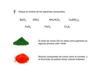 Indique el nombre de los siguientes compuestos :
BaCl2 KNO3 NH4HCO3 Cu(NO2)2
FeCl2 FeCl3 Cr2S3
El óxido de cromo (III) se utiliza como pigmento en
algunas pinturas color verde.
Muchos compuestos de cromo como el cromato y
el dicromato de potasio tienen colores brillantes.
 