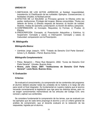 10
UNIDAD XV
1- INEFICACIA DE LOS ACTOS JURÍDICOS: a) Nulidad. Inoponibilidad.
Inexistencia; b) Clasificación de las nulidades. Ejemplos. Consecuencias; c)
Nulidades virtuales; d) Nulidad parcial.
2- EFECTOS DE LA NULIDAD: a) Principios general; b) Efectos entre las
partes: restituciones. Privilegio del incapaz. Bienes consumibles. Títulos con
defecto de forma; c) Efectos respecto de terceros; d) Acción de nulidad:
titulares, modos de oponerla y prescripción; e) Acción de daños y perjuicios.
3- CONFIRMACIÓN: a) Concepto. Requisitos; b) Formas; c) Prueba; d)
Efectos.
4- PRESCRIPCIÓN: Concepto; a) Prescripción Adquisitiva y Extintiva; b)
Suspensión: Concepto y casos; c) Interrupción: Concepto y casos; d)
Caducidad: comparación con la Prescripción.
IV. Bibliografía
Bibliografía Básica:
• Llambías Jorge Joaquín, 1970. “Tratado de Derecho Civil Parte General”,
tomos I y II. Abeledo – Perrot. Buenos Aires.
Bibliografía Complementaria:
• Pérez, Benjamín – Pérez Ruiz Benjamín, 2002. “Curso de Derecho Civil
Parte General”. Virtudes. Buenos Aires.
Rivera, Julio César, 2007. “Instituciones de Derecho Civil Parte
General”. Lexis Nexis. Buenos Aires.
V. Evaluación
Criterios:
Se evaluará el conocimiento y la comprensión de los contenidos del programa:
el alumno deberá estudiar todas las unidades de la materia a lo largo del año
para rendir el final integrador. Es fundamental en nuestra materia que el alumno
recuerde correctamente la legislación que rige para los distintos temas, pero no
se exigen conocimientos memorísticos de los artículos del Código Civil, sino
conocer y aplicar sus contenidos.
Se considera fundamental la comprensión de los temas, que se evaluará con
los ejemplos que de cada tema proponga el alumno y con un criterio general de
análisis de comprensión, que el docente evaluará en la redacción de las
respuestas, lograda por el alumno.
 