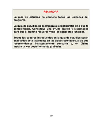 107
RECORDAR
La guía de estudios no contiene todas las unidades del
programa.
La guía de estudios no reemplaza a la bibliografía sino que la
complementa. Constituye una ayuda gráfica y sistemática
para que el alumno recuerde y fije los conceptos jurídicos.
Todos los cuadros introducidos en la guía de estudios serán
explicados detalladamente en las clases satelitales, a las que
recomendamos insistentemente concurrir o, en última
instancia, ver posteriormente grabadas.
 
