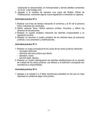 17
explicando la retroactividad, la irretroactividad y demás detalles contenidos
en el art. 3 del Código Civil.
2. Agregar a la carpeta de estudios una copia del Boletín Oficial de
Publicaciones, marcando alguna nueva legislación e indicando su vigencia.
Actividad práctica Nº 2.
1. Realizar una línea de tiempo marcando el comienzo y el fin de la persona
física, indicando las vicisitudes
2. Definir persona física. Defina persona jurídica. Enumere y defina los
atributos de las personas.
3. Realizar un cuadro sinóptico indicando las distintas incapacidades y su
regulación jurídica.
4. Realizar un resumen o cuadro sinóptico de los distintos tipos de personas
jurídicas y sus caracteres y clasificaciones.
Actividad práctica Nº 3.
1. Realizar un mapa conceptual de los vicios de los actos jurídicos indicando:
- concepto/ definición
- elemento del acto jurídico que afecta
- ejemplos, casos
- sanción legal, efectos.
2. Elaborar un cuadro distinguiendo las distintas clasificaciones de la sanción
de nulidad de los actos jurídicos, sus efectos y la distinción conceptual con
inexistencia e inoponibilidad.
Actividad práctica Nº 4.
1. Agregar a la carpeta 2 o 3 fallos (sentencias judiciales) en las que se haya
dispuesto la nulidad de algún acto jurídico.
 