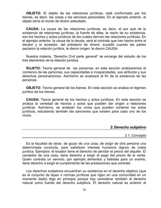 20
OBJETO: El objeto de las relaciones jurídicas, está conformado por los
bienes, es decir, las cosas y los servicios personales. En el ejemplo anterior, el
objeto sería el monto de dinero adeudado.
CAUSA: La causa de las relaciones jurídicas, es decir, el por qué de la
existencia de relaciones jurídicas, la fuente de ellas, la razón de su existencia,
son los hechos y actos jurídicos de los cuales derivan las relaciones jurídicas. En
el ejemplo anterior, la causa de la deuda, será el contrato que han hecho entre el
deudor y el acreedor, del préstamo de dinero: sucedió cuando las partes
pactaron la relación jurídica, le dieron origen, le dieron CAUSA.
Nuestra materia, “Derecho Civil parte general” se encarga del estudio de los
tres elementos de la relación jurídica.
SUJETO: Teoría general de las personas: en esta sección analizaremos el
comienzo de las personas, sus capacidades e incapacidades, sus atributos y sus
derechos personalísimos. Asimismo se analizará el fin de la existencia de las
personas.
OBJETO: Teoría general de los bienes. En esta sección se analiza el régimen
jurídico de los bienes.
CAUSA: Teoría general de los hechos y actos jurídicos. En esta sección se
analiza la variedad de hechos y actos que pueden dar origen a relaciones
jurídicas. Asimismo, se analizan los vicios que pueden contener los actos
jurídicos, estudiando también las sanciones que existen para cada uno de los
vicios.
2. Derecho subjetivo
2.1. Concepto
Es la facultad de obrar, de gozar de una cosa, de exigir de otra persona una
determinada conducta, para satisfacer interese humanos dignos de tutela
jurídica. Ejemplos: el locador tiene el derecho de percibir el precio del alquiler. El
vendedor de una cosa, tiene derecho a exigir el pago del precio de la venta.
Quien contrata un servicio, por ejemplo alimentos y bebidas para un evento,
tiene derecho a exigir el cumplimiento de las prestaciones que contrató.
Los derechos subjetivos encuentran su existencia en el derecho objetivo (que
es el conjunto de leyes o normas jurídicas que rigen en una comunidad en un
momento dado) digo en principio porque hay considerar también el derecho
natural como fuente del derecho subjetivo. El derecho natural es anterior al
 