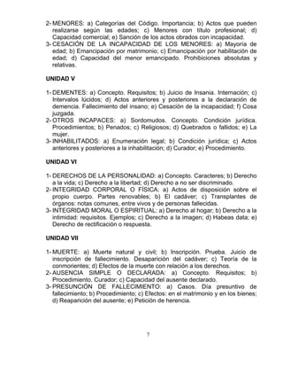 7
2- MENORES: a) Categorías del Código. Importancia; b) Actos que pueden
realizarse según las edades; c) Menores con título profesional; d)
Capacidad comercial; e) Sanción de los actos obrados con incapacidad.
3- CESACIÓN DE LA INCAPACIDAD DE LOS MENORES: a) Mayoría de
edad; b) Emancipación por matrimonio; c) Emancipación por habilitación de
edad; d) Capacidad del menor emancipado. Prohibiciones absolutas y
relativas.
UNIDAD V
1- DEMENTES: a) Concepto. Requisitos; b) Juicio de Insania. Internación; c)
Intervalos lúcidos; d) Actos anteriores y posteriores a la declaración de
demencia. Fallecimiento del insano; e) Cesación de la incapacidad; f) Cosa
juzgada.
2- OTROS INCAPACES: a) Sordomudos. Concepto. Condición jurídica.
Procedimientos; b) Penados; c) Religiosos; d) Quebrados o fallidos; e) La
mujer.
3- INHABILITADOS: a) Enumeración legal; b) Condición jurídica; c) Actos
anteriores y posteriores a la inhabilitación; d) Curador; e) Procedimiento.
UNIDAD VI
1- DERECHOS DE LA PERSONALIDAD: a) Concepto. Caracteres; b) Derecho
a la vida; c) Derecho a la libertad; d) Derecho a no ser discriminado.
2- INTEGRIDAD CORPORAL O FÍSICA: a) Actos de disposición sobre el
propio cuerpo. Partes renovables; b) El cadáver; c) Transplantes de
órganos: notas comunes, entre vivos y de personas fallecidas.
3- INTEGRIDAD MORAL O ESPIRITUAL: a) Derecho al hogar; b) Derecho a la
intimidad: requisitos. Ejemplos; c) Derecho a la imagen; d) Habeas data; e)
Derecho de rectificación o respuesta.
UNIDAD VII
1- MUERTE: a) Muerte natural y civil; b) Inscripción. Prueba. Juicio de
inscripción de fallecimiento. Desaparición del cadáver; c) Teoría de la
conmorientes; d) Efectos de la muerte con relación a los derechos.
2- AUSENCIA SIMPLE O DECLARADA: a) Concepto. Requisitos; b)
Procedimiento. Curador; c) Capacidad del ausente declarado.
3- PRESUNCIÓN DE FALLECIMIENTO: a) Casos. Día presuntivo de
fallecimiento; b) Procedimiento; c) Efectos: en el matrimonio y en los bienes;
d) Reaparición del ausente; e) Petición de herencia.
 