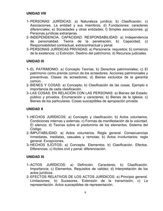 8
UNIDAD VIII
1- PERSONAS JURÍDICAS: a) Naturaleza jurídica; b) Clasificación; c)
Asociaciones. La entidad y sus miembros; d) Fundaciones: caracteres
diferenciales; e) Sociedades y otras entidades; f) Simples asociaciones; g)
Personas jurídicas extranjeras.
2- INDEPENDENCIA. CAPACIDAD. RESPONSABILIDAD: a) Independencia
de personalidad. Teoría de la penetración; b) Capacidad; c)
Responsabilidad contractual, extracontractual y penal.
3- PERSONAS JURÍDICAS PRIVADAS: a) Personería: requisitos; b) comienzo
de la existencia; c) Extinción. Destino del patrimonio; d) Recursos judiciales.
UNIDAD IX
1- EL PATRIMONIO: a) Concepto Teorías; b) Derechos patrimoniales; c) El
patrimonio como prenda común de los acreedores. Acciones patrimoniales y
preventivas. Clases de acreedores; d) Bienes excluidos de la garantía
común.
2- BIENES Y COSAS: a) Concepto; b) Clasificación de las cosas. Ejemplo e
importancia de cada clasificación.
3- LAS COSAS: EN RELACIÓN CON LAS PERSONAS: a) Bienes del Estado:
público y privados. Enumeración y caracteres; b) Bienes de la Iglesia; c)
Bienes de los particulares. Cosas susceptibles de apropiación privada.
UNIDAD X
1- HECHOS JURÍDICOS: a) Concepto y clasificación; b) Actos voluntarios.
Condiciones internas y externas; c) Formas de manifestación de la voluntad.
El silencio; d) Teorías sobre el predominio de los elementos. Sistema del
Código.
2- IMPUTABILIDAD: a) Actos voluntarios. Regla general. Consecuencias
inmediatas, mediatas, casuales y remotas; b) Actos involuntarios: regla
general. Excepciones.
3- HECHOS ILÍCITOS: a) Concepto. Elementos; b) Clasificación. Efectos.
Diferencias; c) Ilícitos civil y penal: diferenciación.
UNIDAD XI
1- ACTOS JURÍDICOS: a) Definición. Caracteres; b) Clasificación.
Importancia; c) Elementos. Requisitos de validez; d) Interpretación de los
actos jurídicos.
2- EFECTOS RELATIVOS DE LOS ACTOS JURÍDICOS: a) Principio general.
Limitaciones; b) Sucesores. Extensión de la transmisión; c) La
representación. Actos susceptibles de representación.
 