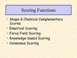 Scoring Functions
• Shape & Chemical Complementary
Scores
• Empirical Scoring
• Force Field Scoring
• Knowledge-based Scoring
• Consensus Scoring
 