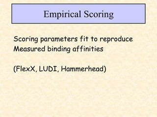 Empirical Scoring
Scoring parameters fit to reproduce
Measured binding affinities
(FlexX, LUDI, Hammerhead)
 
