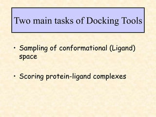 Two main tasks of Docking Tools
• Sampling of conformational (Ligand)
space
• Scoring protein-ligand complexes
 