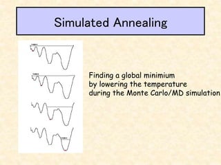 Simulated Annealing
Finding a global minimium
by lowering the temperature
during the Monte Carlo/MD simulation
 