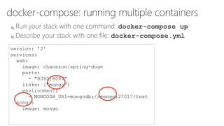 docker-compose: running multiple containers
 Run your stack with one command: docker-compose up
 Describe your stack with one file: docker-compose.yml
version: '2'
services:
web:
image: chanezon/spring-doge
ports:
- "8080:8080"
links: ["mongo"]
environment:
- MONGODB_URI=mongodb://mongo:27017/test
mongo:
image: mongo
 