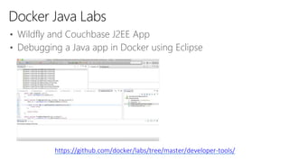 Docker Java Labs
https://github.com/docker/labs/tree/master/developer-tools/
• Wildfly and Couchbase J2EE App
• Debugging a Java app in Docker using Eclipse
 