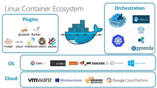 Linux Container Ecosystem
flockerglusterfs
weavecalicomidokuracisconuage
Cloud
OS
Plugins
Orchestration
 