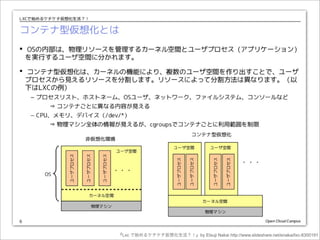 『Lxc で始めるケチケチ仮想化生活？！』by Etsuji Nakai http://www.slideshare.net/enakai/lxc-8300191
 