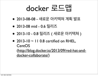 docker 로드맵
• 2013-08-08 - 새로운 아키텍쳐 계획 발표
• 2013-08 mid - 0.6 릴리즈
• 2013-10 - 0.8 릴리즈 ( 새로운 아키텍쳐 )
• 2013-10 ~ 11 0.8 certiﬁed on RHEL,

CentOS
(http://blog.docker.io/2013/09/red-hat-anddocker-collaborate/)

13년 10월 15일 화요일

 