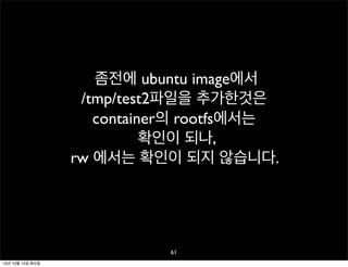 좀전에 ubuntu image에서
/tmp/test2파일을 추가한것은
container의 rootfs에서는
확인이 되나,
rw 에서는 확인이 되지 않습니다.

61
13년 10월 15일 화요일

 