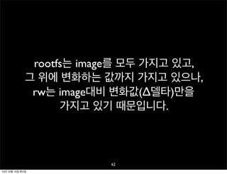 rootfs는 image를 모두 가지고 있고,
그 위에 변화하는 값까지 가지고 있으나,
rw는 image대비 변화값(Δ델타)만을
가지고 있기 때문입니다.

62
13년 10월 15일 화요일

 