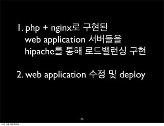 1. php + nginx로 구현된
web application 서버들을
hipache를 통해 로드밸런싱 구현
2. web application 수정 및 deploy

74
13년 10월 15일 화요일

 