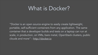 What is Docker?
“Docker is an open source engine to easily create lightweight,
portable, self-sufficient containers from any application. The same
container that a developer builds and tests on a laptop can run at
scale, in production, on VMs, bare metal, OpenStack clusters, public
clouds and more” - http://docker.io

 