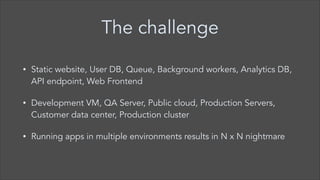 The challenge
•

Static website, User DB, Queue, Background workers, Analytics DB,
API endpoint, Web Frontend

•

Development VM, QA Server, Public cloud, Production Servers,
Customer data center, Production cluster

•

Running apps in multiple environments results in N x N nightmare

 