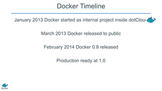 Docker Timeline
January 2013 Docker started as internal project inside dotCloud

March 2013 Docker released to public
February 2014 Docker 0.8 released
Production ready at 1.0

 