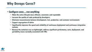 Why Devops Cares?
• Configure once…run anything
• Make the entire lifecycle more efficient, consistent, and repeatable
• Increase the quality of code produced by developers.
• Eliminate inconsistencies between development, test, production, and customer environments
• Support segregation of duties
• Significantly improves the speed and reliability of continuous deployment and continuous integration
systems
• Because the containers are so lightweight, address significant performance, costs, deployment, and
portability issues normally associated with VMs
 