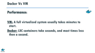 Docker Vs VM
Performance:
VM: A full virtualized system usually takes minutes to
start.
Docker: LXC containers take seconds, and most times less
then a second.
 