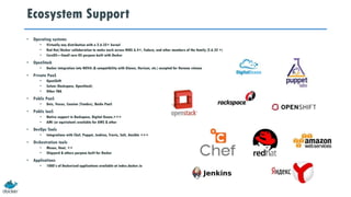 Ecosystem Support
• Operating systems
• Virtually any distribution with a 2.6.32+ kernel
• Red Hat/Docker collaboration to make work across RHEL 6.4+, Fedora, and other members of the family (2.6.32 +)
• CoreOS—Small core OS purpose built with Docker
• OpenStack
• Docker integration into NOVA (& compatibility with Glance, Horizon, etc.) accepted for Havana release
• Private PaaS
• OpenShift
• Solum (Rackspace, OpenStack)
• Other TBA
• Public PaaS
• Deis, Voxoz, Cocaine (Yandex), Baidu PaaS
• Public IaaS
• Native support in Rackspace, Digital Ocean,+++
• AMI (or equivalent) available for AWS & other
• DevOps Tools
• Integrations with Chef, Puppet, Jenkins, Travis, Salt, Ansible +++
• Orchestration tools
• Mesos, Heat, ++
• Shipyard & others purpose built for Docker
• Applications
• 1000’s of Dockerized applications available at index.docker.io
 