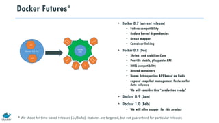 Docker Futures*
• Docker 0.7 (current release)
• Fedora compatibility
• Reduce kernel dependencies
• Device mapper
• Container linking
• Docker 0.8 (Dec)
• Shrink and stabilize Core
• Provide stable, pluggable API
• RHEL compatibility
• Nested containers
• Beam: Introspection API based on Redis
• expand snapshot management features for
data volumes
• We will consider this “production ready”
• Docker 0.9 (Jan)
• Docker 1.0 (Feb)
• We will offer support for this product
Docker 0.1-0.6
AUFS
Docker
0.8+
LXC
* We shoot for time based releases (1x/5wks), features are targeted, but not guaranteed for particular releases
 