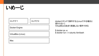 `
ƥ1
VirtualBox (Linux)
ƥ2
Docker Engine
Mac
dockerޥɤǲ(LinuxǤϤ
ʤ)
VirtualBoxϤޤRʤǤ
$ docker ps -a
$ docker run -i -t ubuntu /bin/bash
 