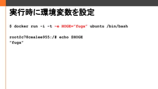 gЕr˭hO
$ docker run -i -t -e HOGE=fuga ubuntu /bin/bash
root@c78cea1ee955:/# echo $HOGE
fuga
 