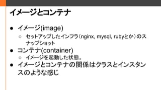 `ȥƥ
 `(image)
 åȥåפե飨nginx, mysql, rubyȤΥ
ʥåץå
 ƥ(container)
 `Ӥ״B
 `ȥƥʤvSϥ饹ȥ󥹥
Τ褦ʸФ
 