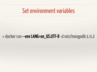 Get a Shell
> docker run -it reiz/mongodb:1.0.2 /bin/bash
Starts a new Docker container with an active shell.
 