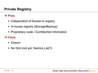 Namics. 
Private Registry. 
 Pros 
 Independent of Docker.io registry 
 In-house registry (Storage/Backup) 
 Proprietary code / Confidential information 
 Cons 
 Chaos! 
 No GUI (not yet, Namics Lab?) 
03.11.2014 Docker. 24 Open Source.Container. Ship and Run. 
 