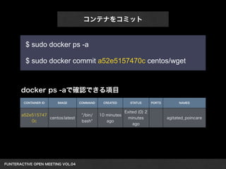 FUNTERACTIVE OPEN MEETING VOL.04　 
コンテナをコミット 
$ sudo docker ps -a 
! 
$ sudo docker commit a52e5157470c centos/wget 
CONTAINER ID IMAGE COMMAND CREATED STATUS PORTS NAMES 
a52e515747 
0c centos:latest "/bin/ 
bash" 
10 minutes 
ago 
Exited (0) 2 
minutes 
ago 
agitated_poincare 
docker ps -aで確認できる項目 
 