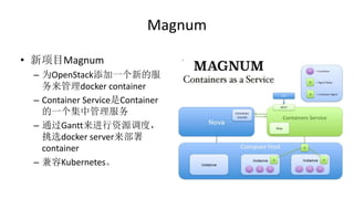Magnum
• 新项目Magnum
– 为OpenStack添加一个新的服
务来管理docker container
– Container Service是Container
的一个集中管理服务
– 通过Gantt来进行资源调度，
挑选docker server来部署
container
– 兼容Kubernetes。
 