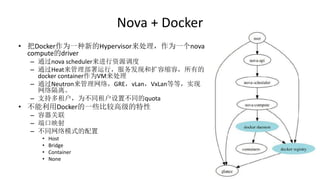 Nova + Docker
• 把Docker作为一种新的Hypervisor来处理，作为一个nova
compute的driver
– 通过nova scheduler来进行资源调度
– 通过Heat来管理部署运行，服务发现和扩容缩容，所有的
docker container作为VM来处理
– 通过Neutron来管理网络，GRE，vLan，VxLan等等，实现
网络隔离。
– 支持多租户，为不同租户设置不同的quota
• 不能利用Docker的一些比较高级的特性
– 容器关联
– 端口映射
– 不同网络模式的配置
• Host
• Bridge
• Container
• None
 