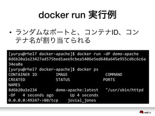 docker run 実行例
&bull;  ランダムなポートと、コンテナID、コン
テナ名が割り当てられる
[yuryu@rhel7	
 &nbsp;docker-&shy;‐apache]$	
 &nbsp;docker	
 &nbsp;run	
 &nbsp;-&shy;‐dP	
 &nbsp;demo-&shy;‐apache	
 &nbsp;
8d6b20a1e23427ad575bed1aee9cbea5406e5ed648a645e955cd6c6c6a
34ea0a	
 &nbsp;
[yuryu@rhel7	
 &nbsp;docker-&shy;‐apache]$	
 &nbsp;docker	
 &nbsp;ps	
 &nbsp;
CONTAINER	
 &nbsp;ID	
 &nbsp;	
 &nbsp;	
 &nbsp;	
 &nbsp;	
 &nbsp;	
 &nbsp;	
 &nbsp;	
 &nbsp;IMAGE	
 &nbsp;	
 &nbsp;	
 &nbsp;	
 &nbsp;	
 &nbsp;	
 &nbsp;	
 &nbsp;	
 &nbsp;	
 &nbsp;	
 &nbsp;	
 &nbsp;	
 &nbsp;	
 &nbsp;	
 &nbsp;	
 &nbsp;	
 &nbsp;COMMAND	
 &nbsp;	
 &nbsp;	
 &nbsp;	
 &nbsp;	
 &nbsp;	
 &nbsp;	
 &nbsp;	
 &nbsp;	
 &nbsp;	
 &nbsp;	
 &nbsp;	
 &nbsp;	
 &nbsp;	
 &nbsp;
CREATED	
 &nbsp;	
 &nbsp;	
 &nbsp;	
 &nbsp;	
 &nbsp;	
 &nbsp;	
 &nbsp;	
 &nbsp;	
 &nbsp;	
 &nbsp;	
 &nbsp;	
 &nbsp;	
 &nbsp;STATUS	
 &nbsp;	
 &nbsp;	
 &nbsp;	
 &nbsp;	
 &nbsp;	
 &nbsp;	
 &nbsp;	
 &nbsp;	
 &nbsp;	
 &nbsp;	
 &nbsp;	
 &nbsp;	
 &nbsp;	
 &nbsp;PORTS	
 &nbsp;	
 &nbsp;	
 &nbsp;	
 &nbsp;	
 &nbsp;	
 &nbsp;	
 &nbsp;	
 &nbsp;	
 &nbsp;	
 &nbsp;	
 &nbsp;	
 &nbsp;	
 &nbsp;	
 &nbsp;	
 &nbsp;	
 &nbsp;	
 &nbsp;
NAMES	
 &nbsp;
8d6b20a1e234	
 &nbsp;	
 &nbsp;	
 &nbsp;	
 &nbsp;	
 &nbsp;	
 &nbsp;	
 &nbsp;	
 &nbsp;demo-&shy;‐apache:latest	
 &nbsp;	
 &nbsp;	
 &nbsp;"/usr/sbin/httpd	
 &nbsp;
-&shy;‐DF	
 &nbsp;	
 &nbsp;	
 &nbsp;4	
 &nbsp;seconds	
 &nbsp;ago	
 &nbsp;	
 &nbsp;	
 &nbsp;	
 &nbsp;	
 &nbsp;	
 &nbsp;	
 &nbsp;Up	
 &nbsp;4	
 &nbsp;seconds	
 &nbsp;	
 &nbsp;	
 &nbsp;	
 &nbsp;	
 &nbsp;	
 &nbsp;	
 &nbsp;	
 &nbsp;
0.0.0.0:49247-&shy;‐>80/tcp	
 &nbsp;	
 &nbsp;	
 &nbsp;	
 &nbsp;jovial_jones	
 &nbsp;	
 &nbsp;	
 &nbsp;	
 &nbsp;	
 &nbsp;	
 &nbsp;	
 &nbsp;	
 &nbsp;	
 &nbsp;
 