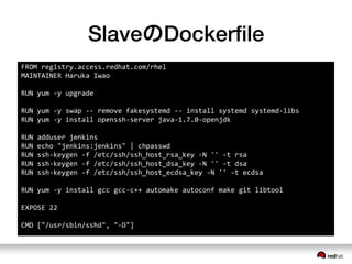 SlaveのDockerﬁle
FROM	
 &nbsp;registry.access.redhat.com/rhel	
 &nbsp;
MAINTAINER	
 &nbsp;Haruka	
 &nbsp;Iwao	
 &nbsp;
	
 &nbsp;
RUN	
 &nbsp;yum	
 &nbsp;-&shy;‐y	
 &nbsp;upgrade	
 &nbsp;
	
 &nbsp;
RUN	
 &nbsp;yum	
 &nbsp;-&shy;‐y	
 &nbsp;swap	
 &nbsp;-&shy;‐-&shy;‐	
 &nbsp;remove	
 &nbsp;fakesystemd	
 &nbsp;-&shy;‐-&shy;‐	
 &nbsp;install	
 &nbsp;systemd	
 &nbsp;systemd-&shy;‐libs	
 &nbsp;
RUN	
 &nbsp;yum	
 &nbsp;-&shy;‐y	
 &nbsp;install	
 &nbsp;openssh-&shy;‐server	
 &nbsp;java-&shy;‐1.7.0-&shy;‐openjdk	
 &nbsp;
	
 &nbsp;
RUN	
 &nbsp;adduser	
 &nbsp;jenkins	
 &nbsp;
RUN	
 &nbsp;echo	
 &nbsp;"jenkins:jenkins"	
 &nbsp;|	
 &nbsp;chpasswd	
 &nbsp;
RUN	
 &nbsp;ssh-&shy;‐keygen	
 &nbsp;-&shy;‐f	
 &nbsp;/etc/ssh/ssh_host_rsa_key	
 &nbsp;-&shy;‐N	
 &nbsp;''	
 &nbsp;-&shy;‐t	
 &nbsp;rsa	
 &nbsp;
RUN	
 &nbsp;ssh-&shy;‐keygen	
 &nbsp;-&shy;‐f	
 &nbsp;/etc/ssh/ssh_host_dsa_key	
 &nbsp;-&shy;‐N	
 &nbsp;''	
 &nbsp;-&shy;‐t	
 &nbsp;dsa	
 &nbsp;
RUN	
 &nbsp;ssh-&shy;‐keygen	
 &nbsp;-&shy;‐f	
 &nbsp;/etc/ssh/ssh_host_ecdsa_key	
 &nbsp;-&shy;‐N	
 &nbsp;''	
 &nbsp;-&shy;‐t	
 &nbsp;ecdsa	
 &nbsp;
	
 &nbsp;
RUN	
 &nbsp;yum	
 &nbsp;-&shy;‐y	
 &nbsp;install	
 &nbsp;gcc	
 &nbsp;gcc-&shy;‐c++	
 &nbsp;automake	
 &nbsp;autoconf	
 &nbsp;make	
 &nbsp;git	
 &nbsp;libtool	
 &nbsp;
	
 &nbsp;
EXPOSE	
 &nbsp;22	
 &nbsp;
	
 &nbsp;
CMD	
 &nbsp;["/usr/sbin/sshd",	
 &nbsp;"-&shy;‐D"]	
 &nbsp;
 