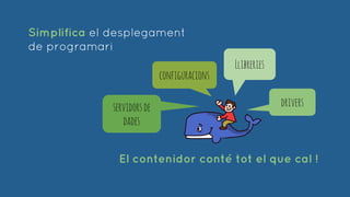 Simplifica el desplegament
de programari
Llibreries
drivers
configuracions
servidorsde
dades
El contenidor conté tot el que cal !
 